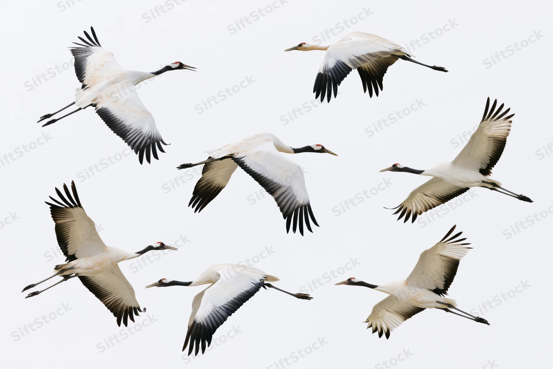 Eight red-crowned cranes in flight with wings spread against a white sky