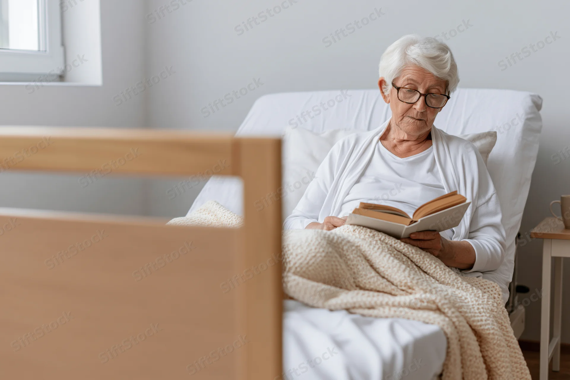 Elderly woman reading a book in bed at home