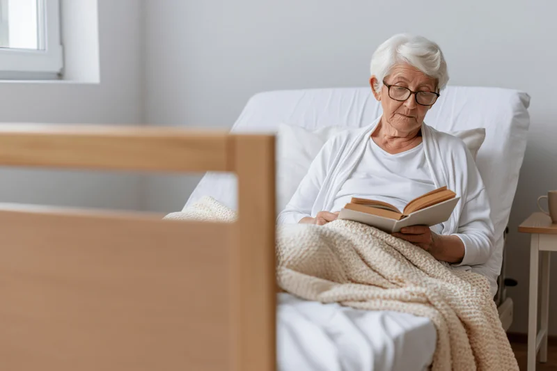 Elderly woman reading a book in bed at home