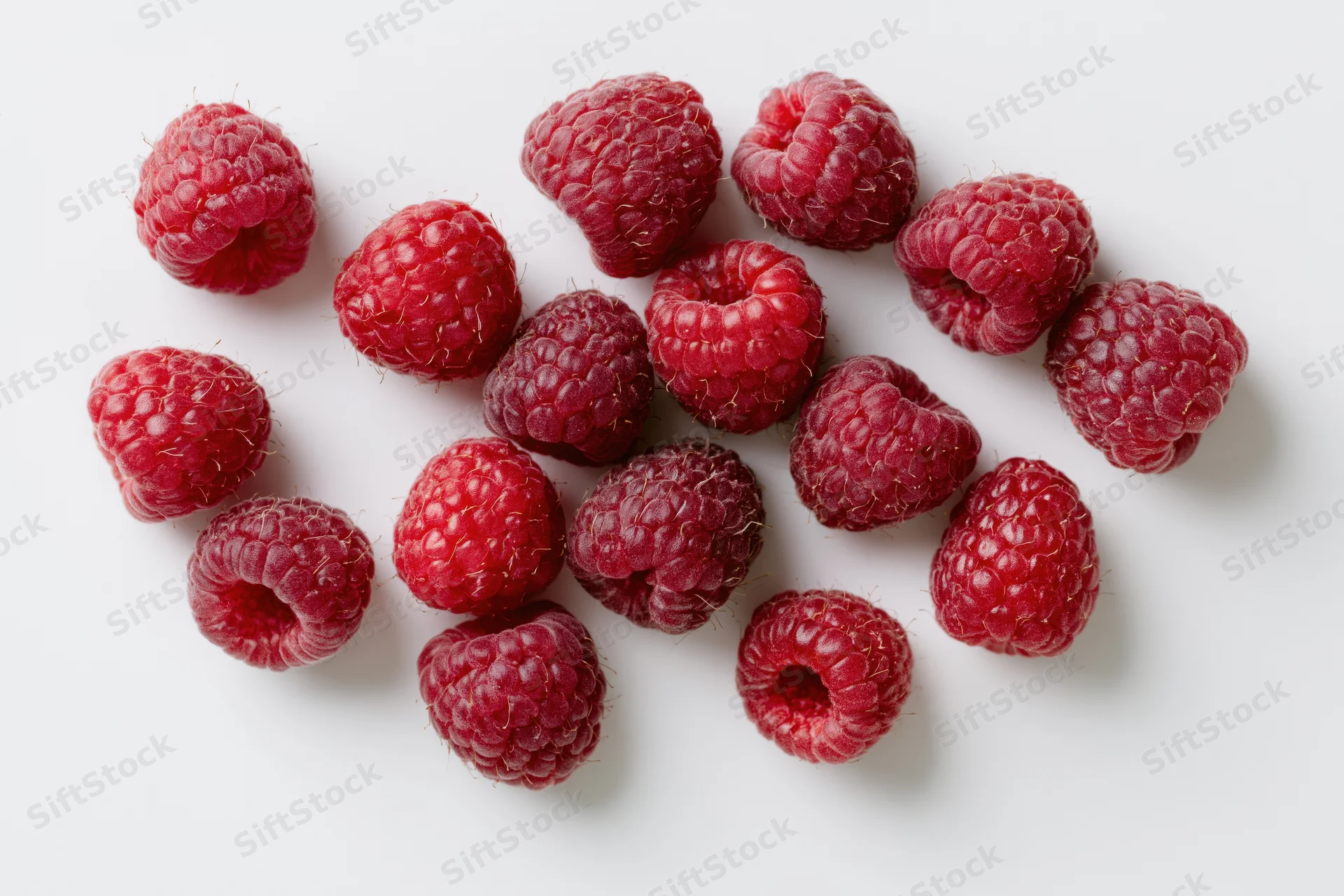 Fresh raspberries scattered on a white surface in a studio overhead view