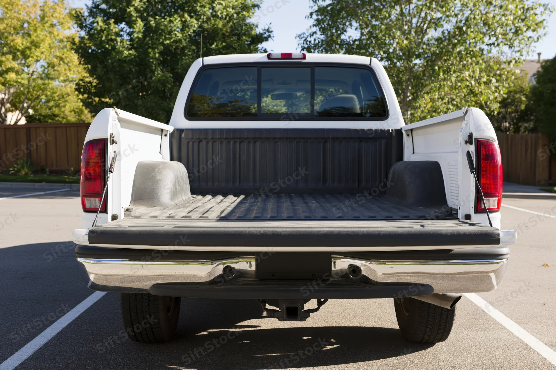 Rear view of a white pickup truck with empty bed in a parking lot