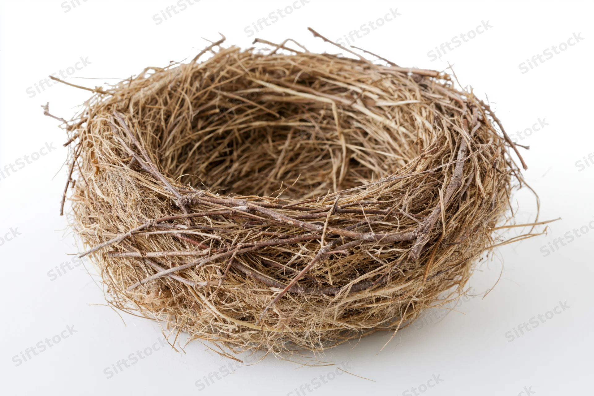 Empty bird nest made of woven twigs and dry grass on white background