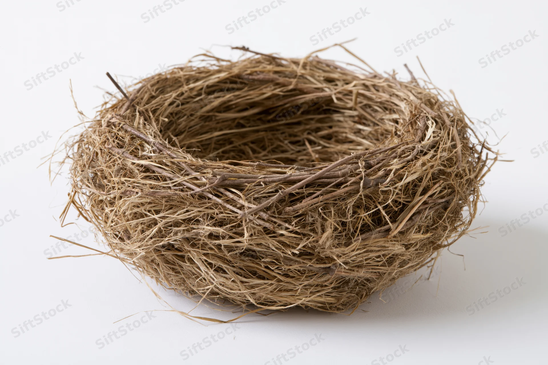 Empty bird nest made of woven twigs and dry grass on white surface