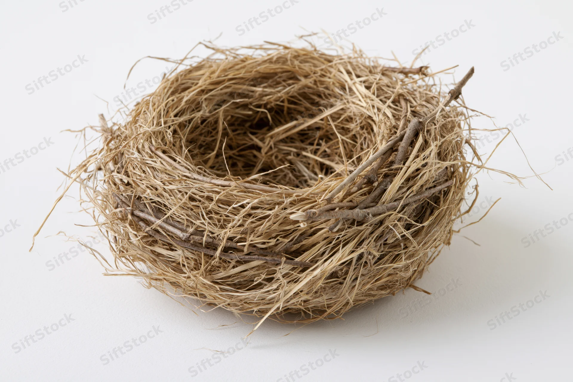 Empty bird nest made of woven twigs and dry grass on white background