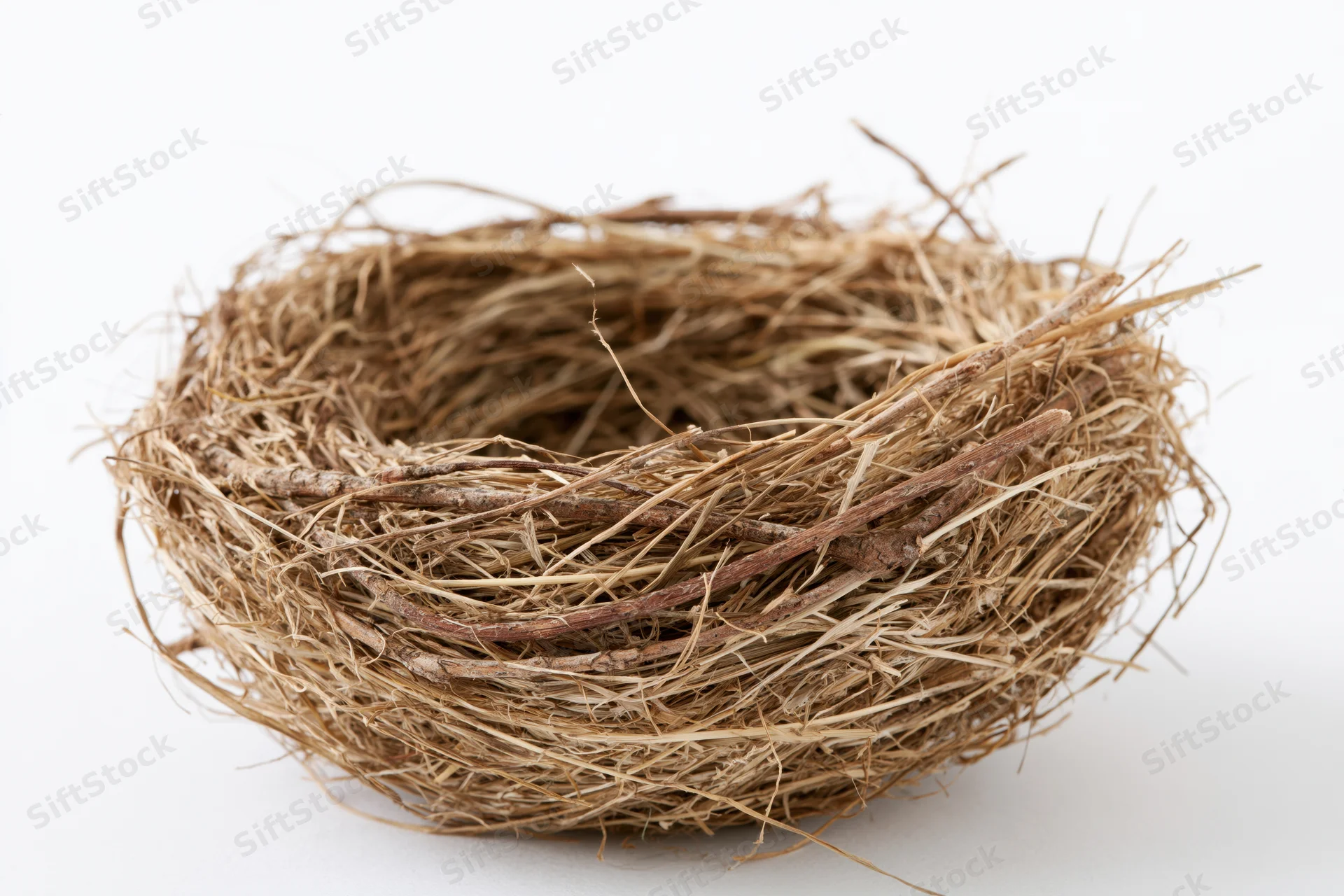 Empty bird nest made of woven twigs and dry grass on white background