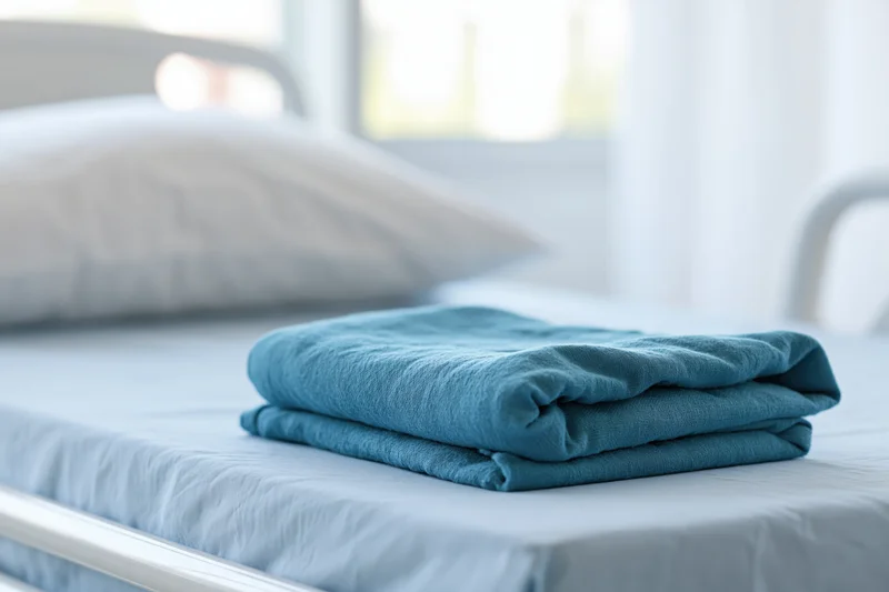 Folded teal blanket on a hospital bed with white pillow and window in background