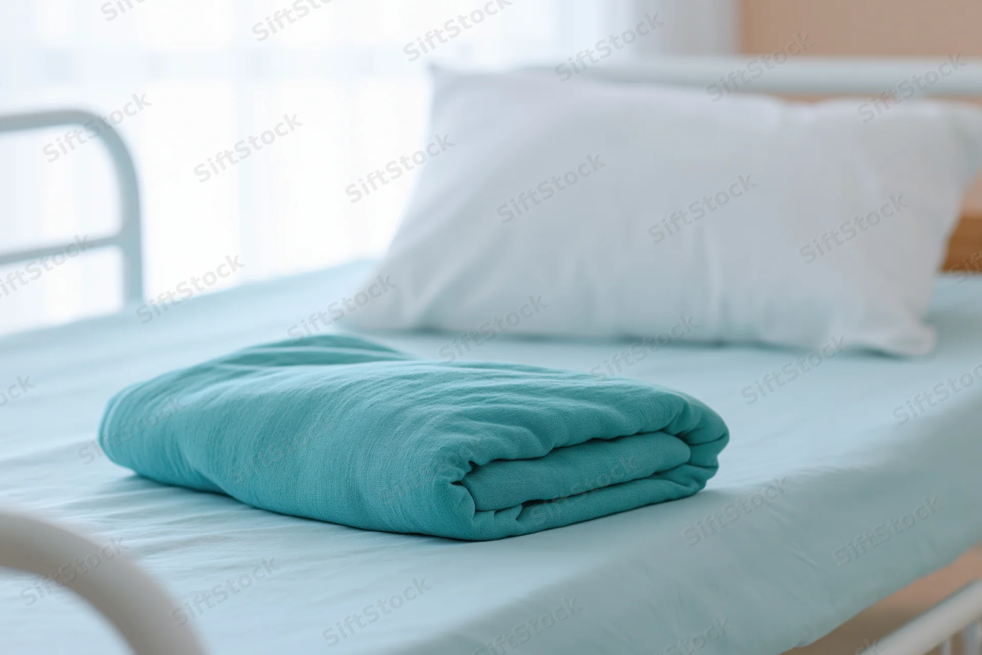 Folded teal blanket on a hospital bed with white pillow and metal frame