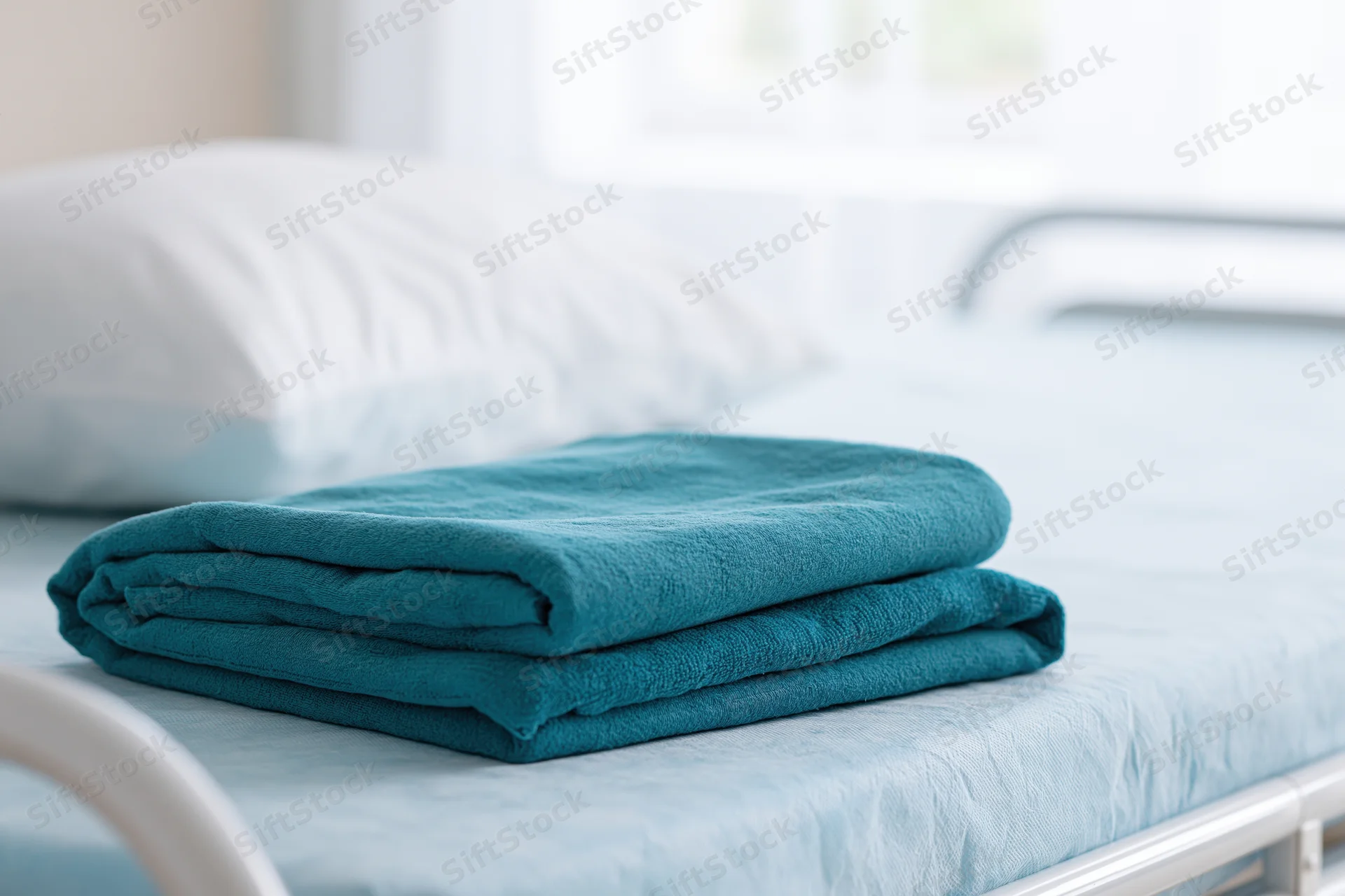 Folded teal towel on a hospital bed with white pillow and metal frame
