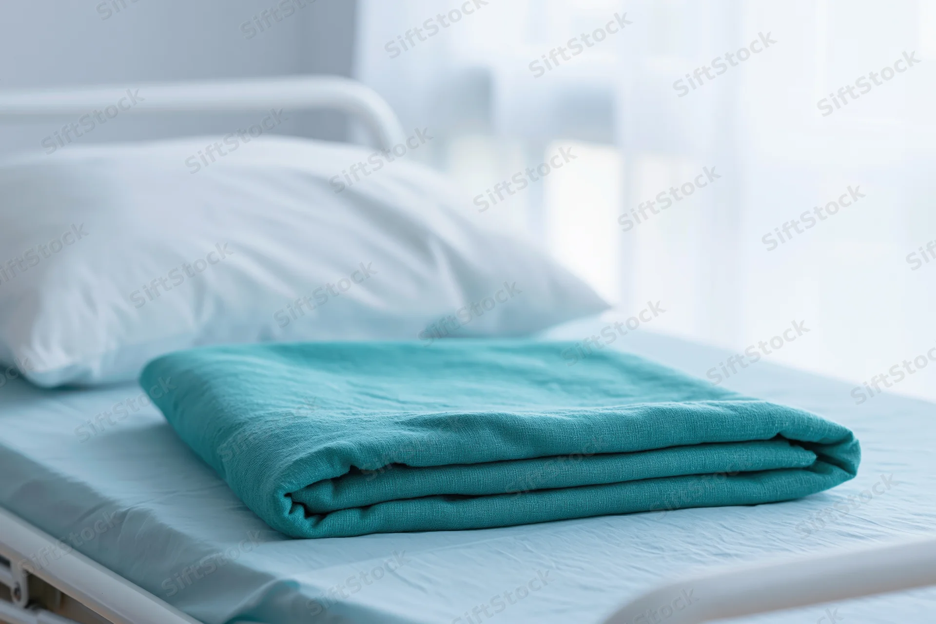 Folded teal blanket on a hospital bed with white pillow and clean linens