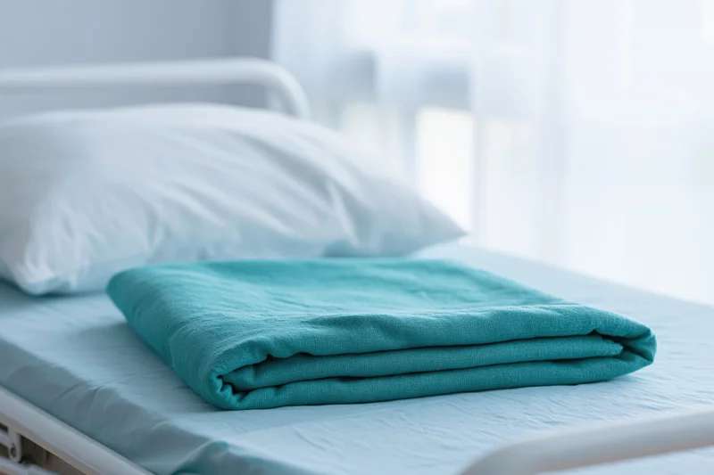 Folded teal blanket on a hospital bed with white pillow and clean linens