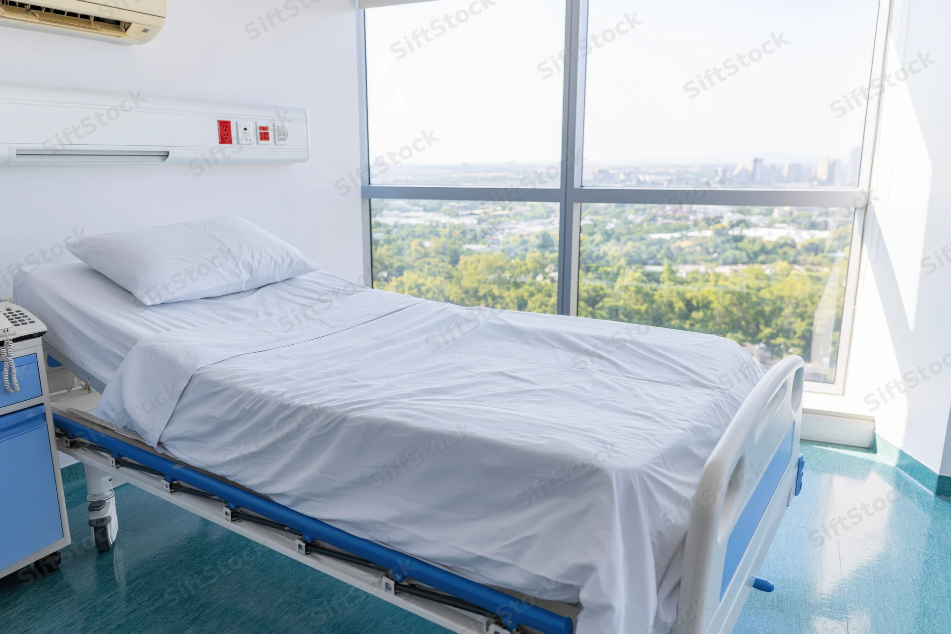 Empty hospital bed with white linens and a single pillow positioned near a large window overlooking a city and greenery
