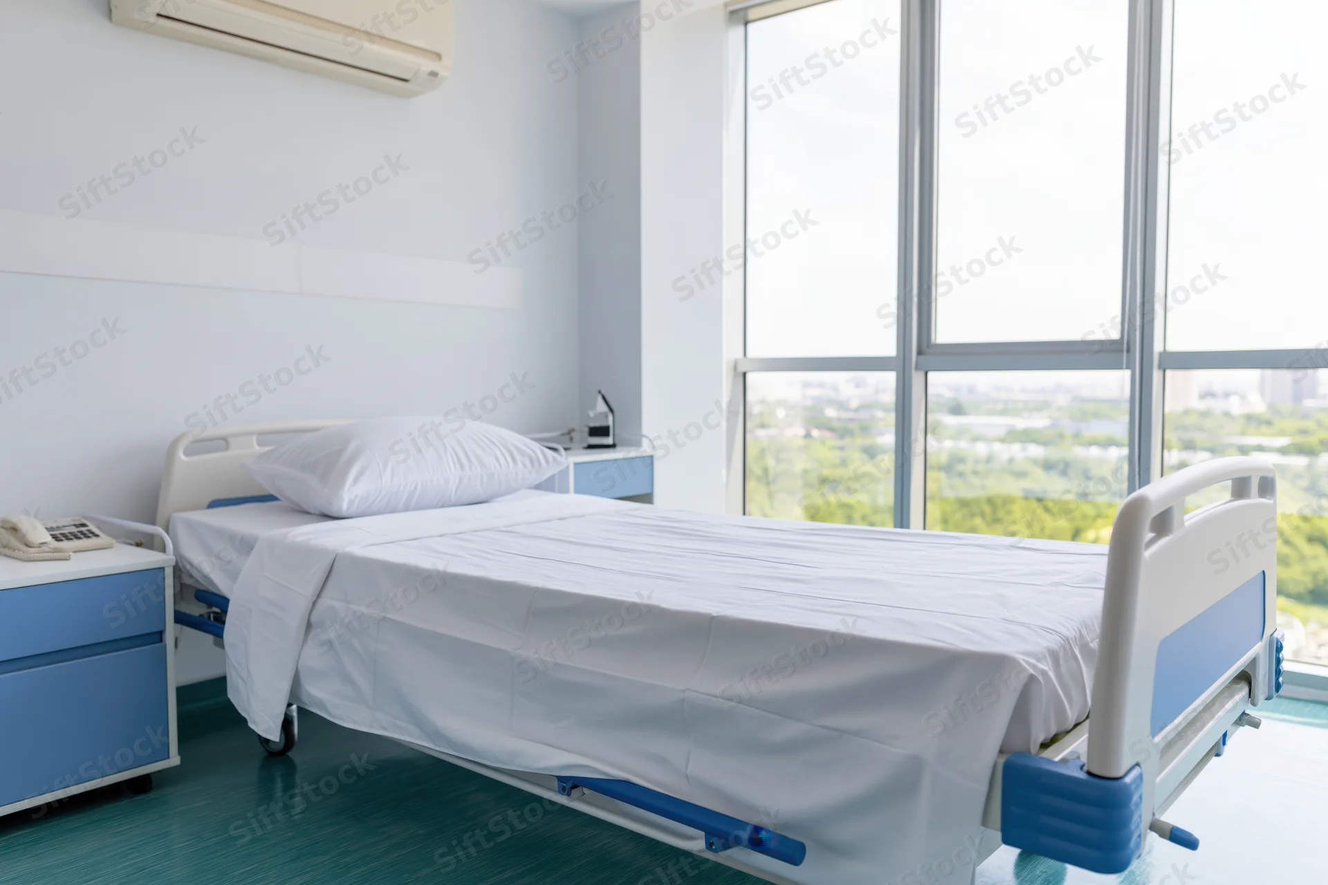 Empty hospital bed with white linens and single pillow in a bright room with large window overlooking city