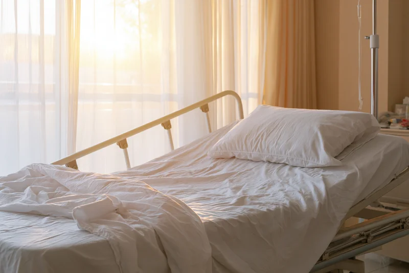 Empty hospital bed with rumpled white sheets and pillow in a sunlit room