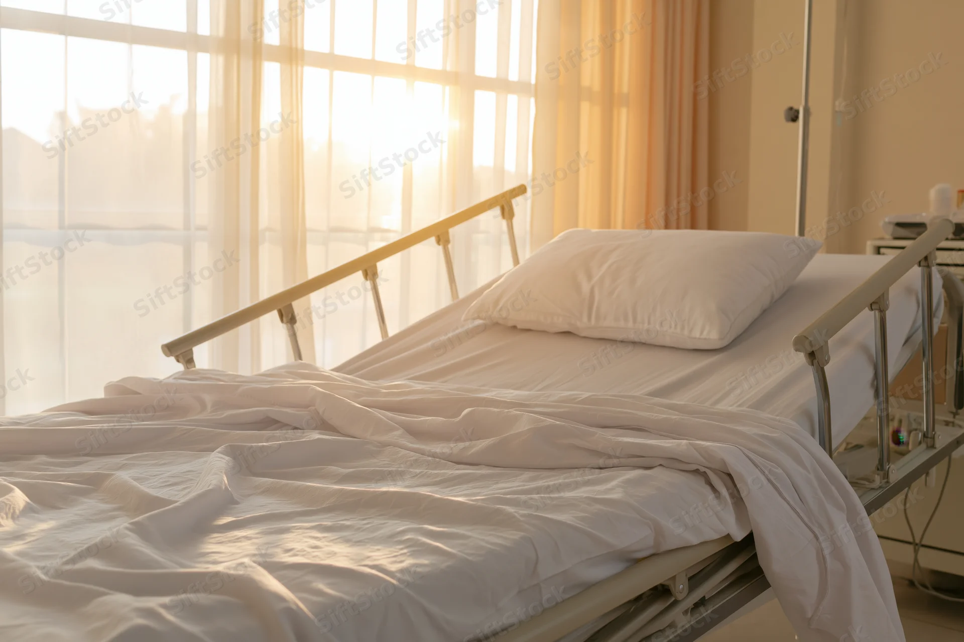Empty hospital bed with rumpled white sheets and pillow by a window with sheer curtains in a patient room