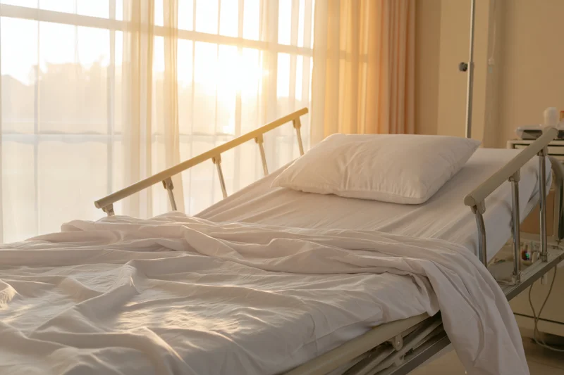 Empty hospital bed with rumpled white sheets and pillow by a window with sheer curtains in a patient room