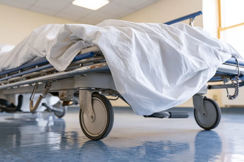 Hospital gurney with white rumpled sheet on metal frame in clinical corridor
