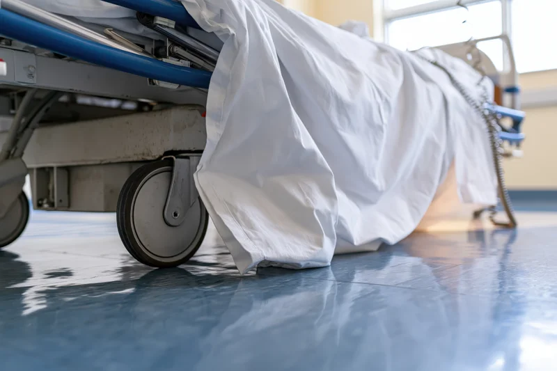 Hospital bed with rumpled white sheets on metal frame and wheels in clinical room