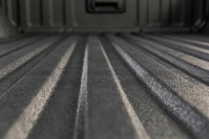Low-angle view of textured black truck bed liner with ribbed pattern and protective surface