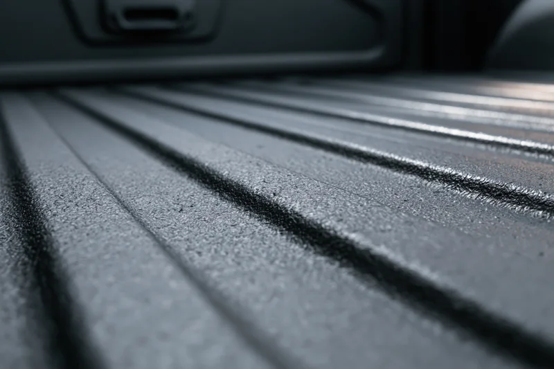 Closeup of ribbed black liner in empty pickup truck bed viewed from low angle
