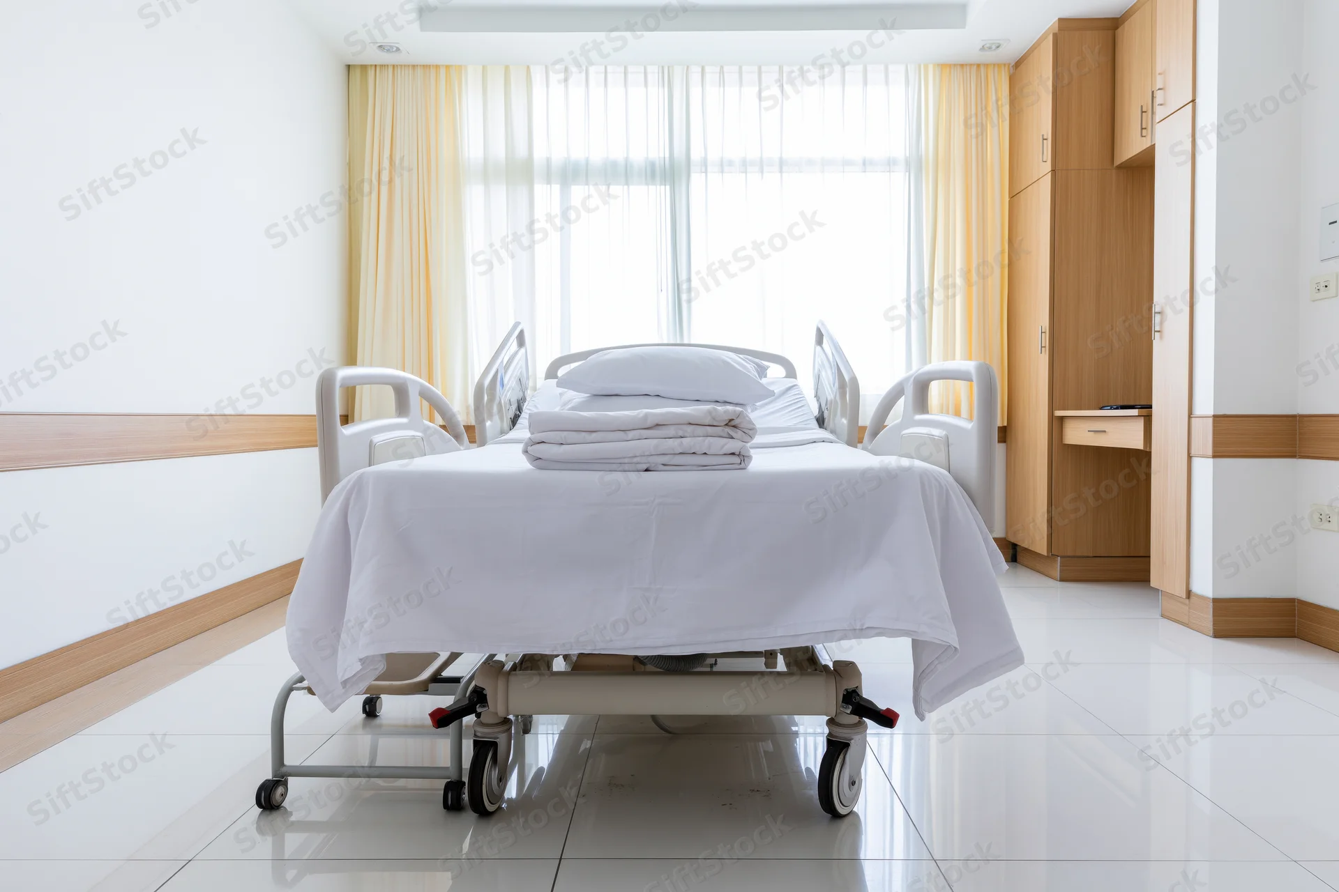 Adjustable medical bed in a clean private hospital room with white linens and wooden cabinetry