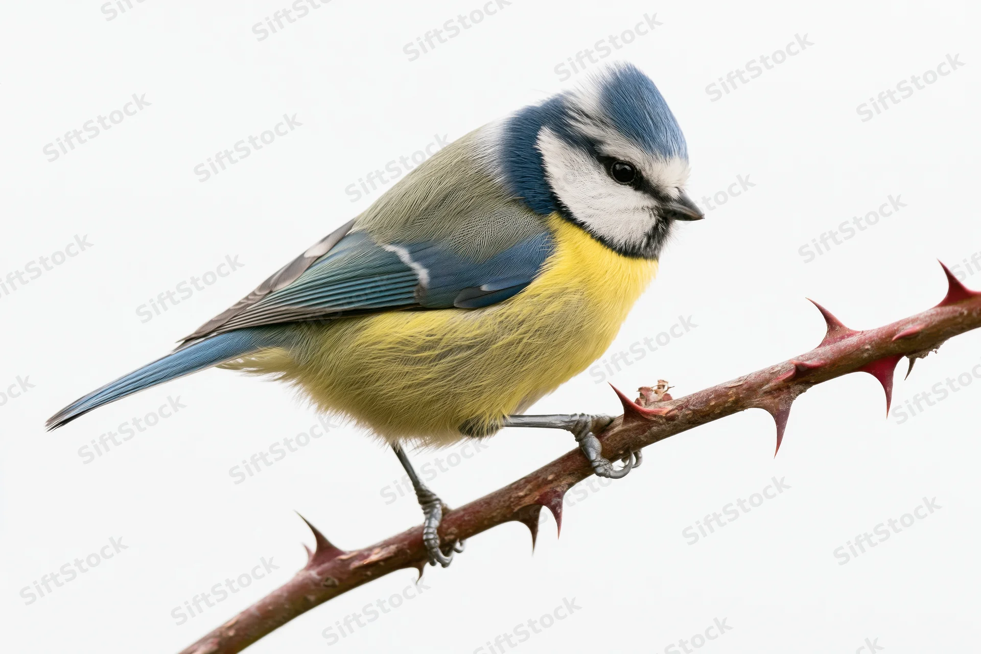 Eurasian blue tit perched sideways on a bare thorny rose stem
