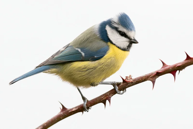 Eurasian blue tit perched sideways on a bare thorny rose stem