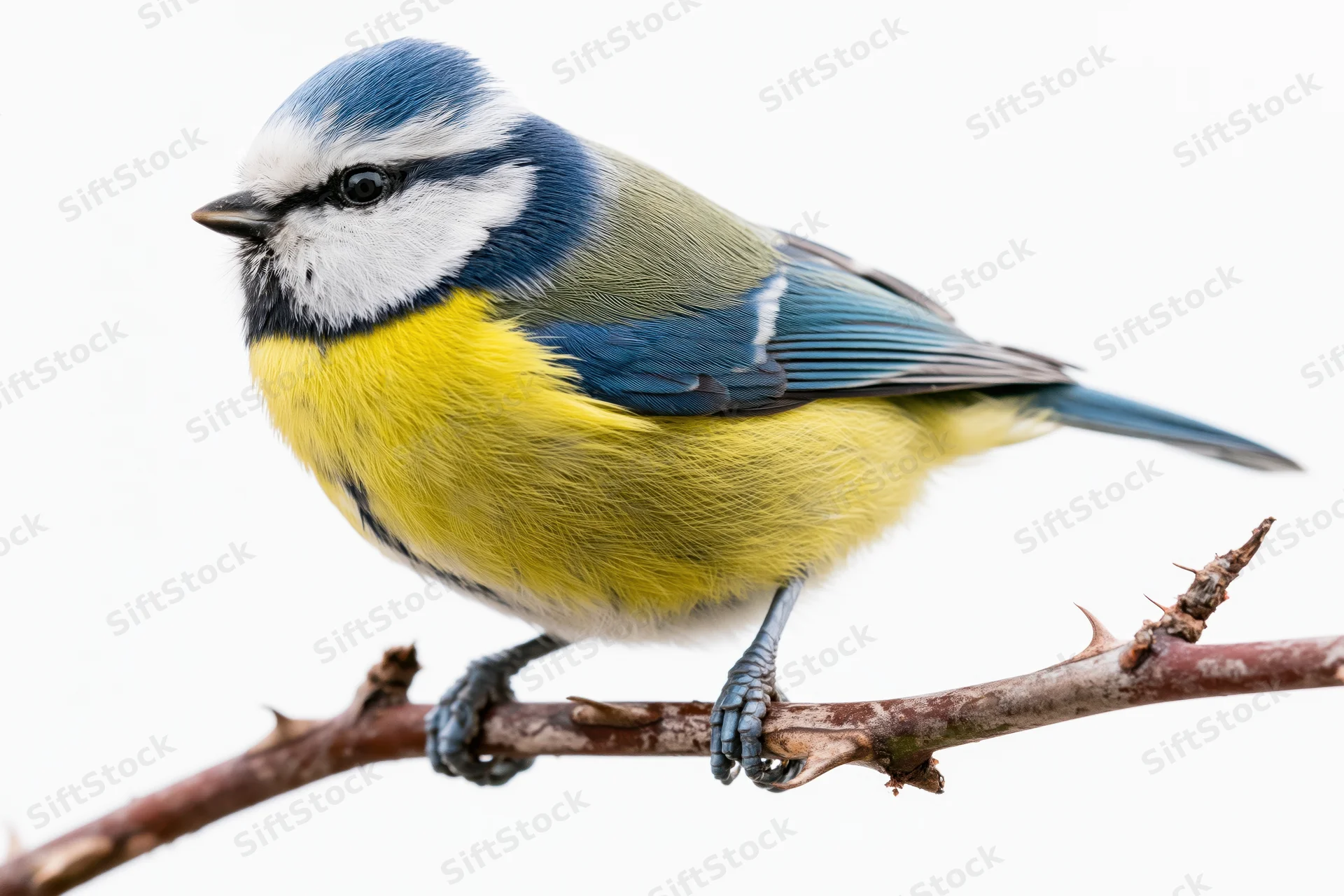 Eurasian blue tit perched sideways on a bare thorny rose stem