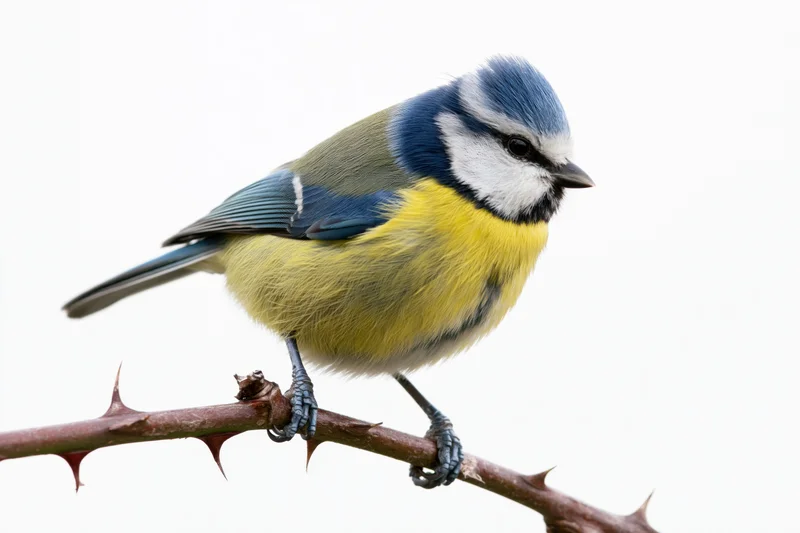 Eurasian blue tit perched sideways on a bare thorny rose stem