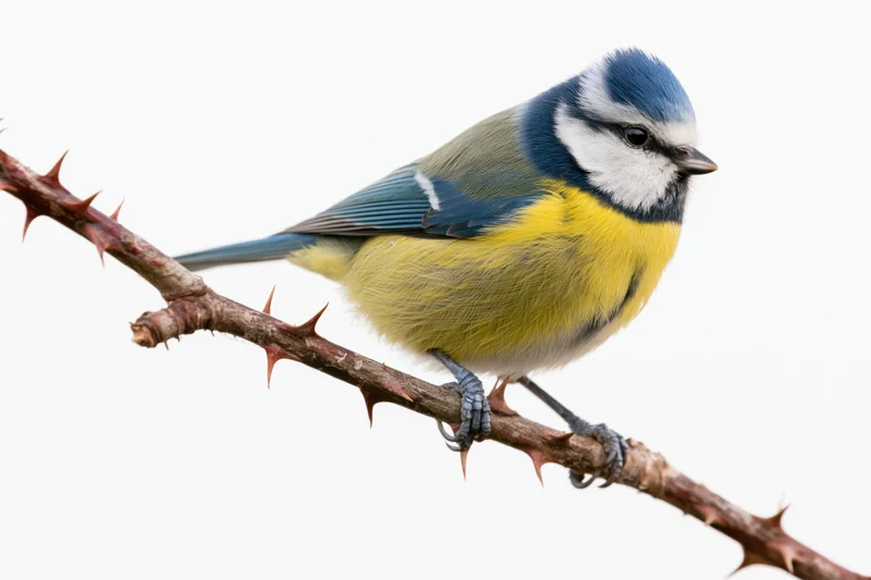 Eurasian blue tit perched sideways on a bare thorny rose stem