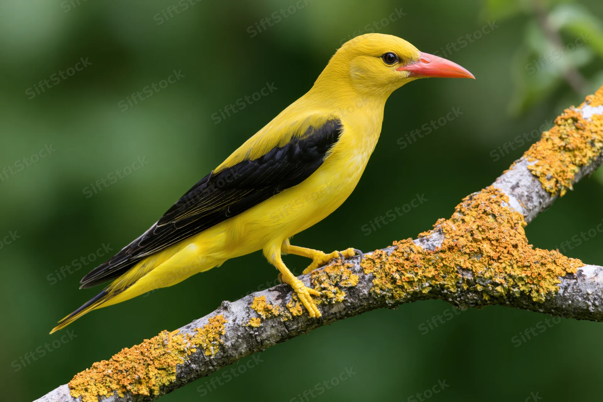 Eurasian golden oriole perched sideways on a lichen-covered branch in a green woodland setting