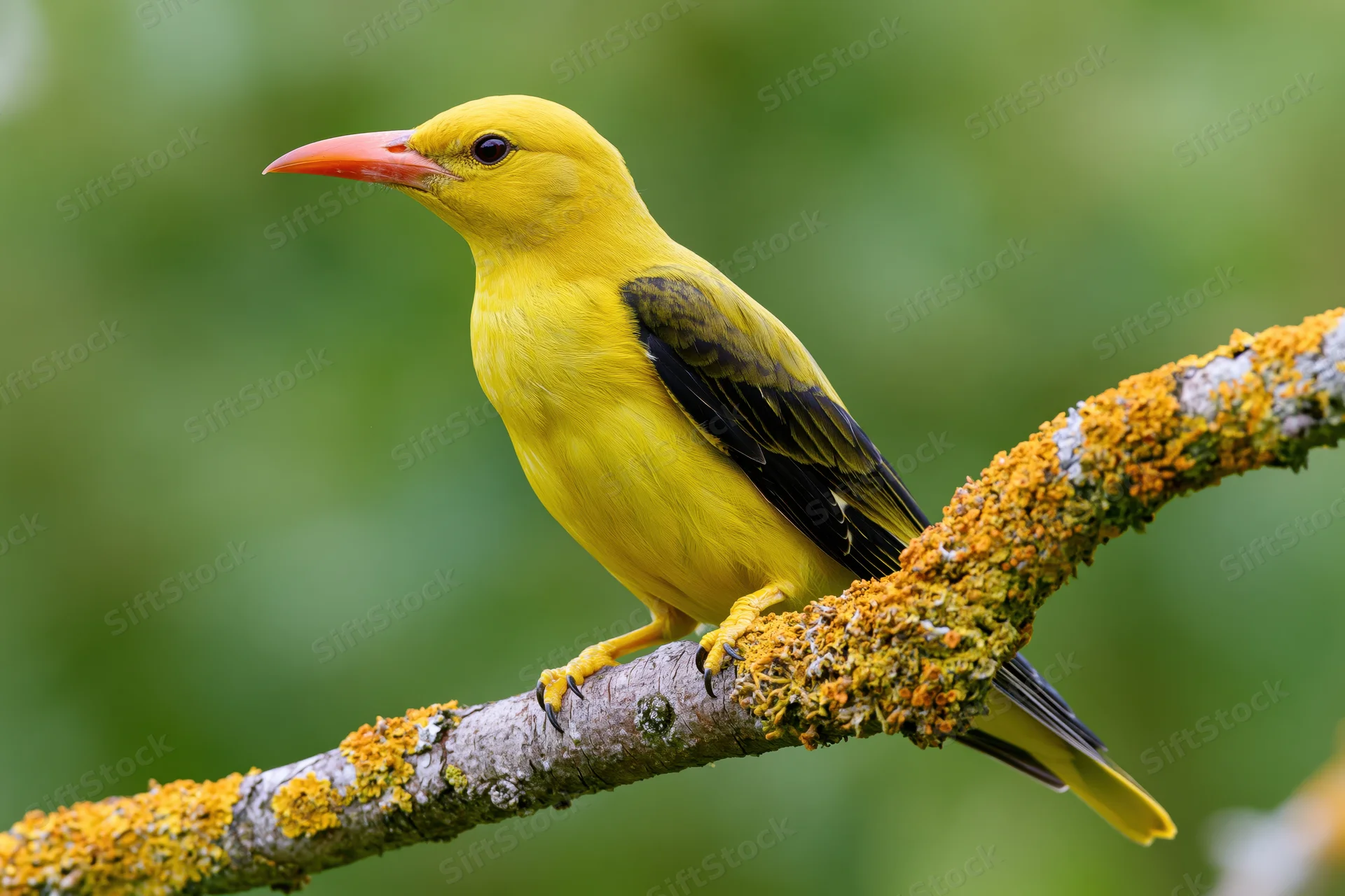 Eurasian golden oriole perched sideways on a lichen-covered branch in a green forest setting