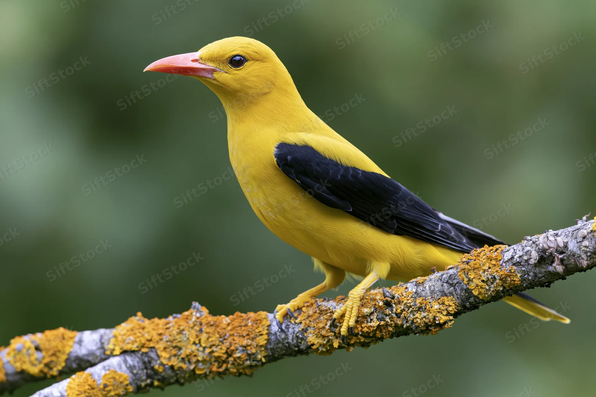 Eurasian golden oriole perched sideways on a lichen-covered branch in a forest setting