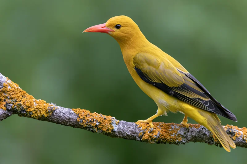 Eurasian golden oriole perched sideways on a lichen-covered branch in a green forest setting