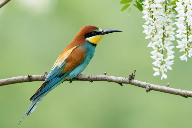 European bee-eater perched on a branch near white blossoms in a green outdoor setting