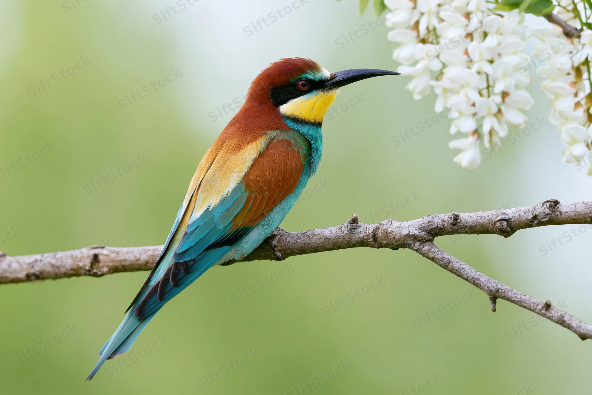 European bee-eater perched on a branch near white blossoms in spring