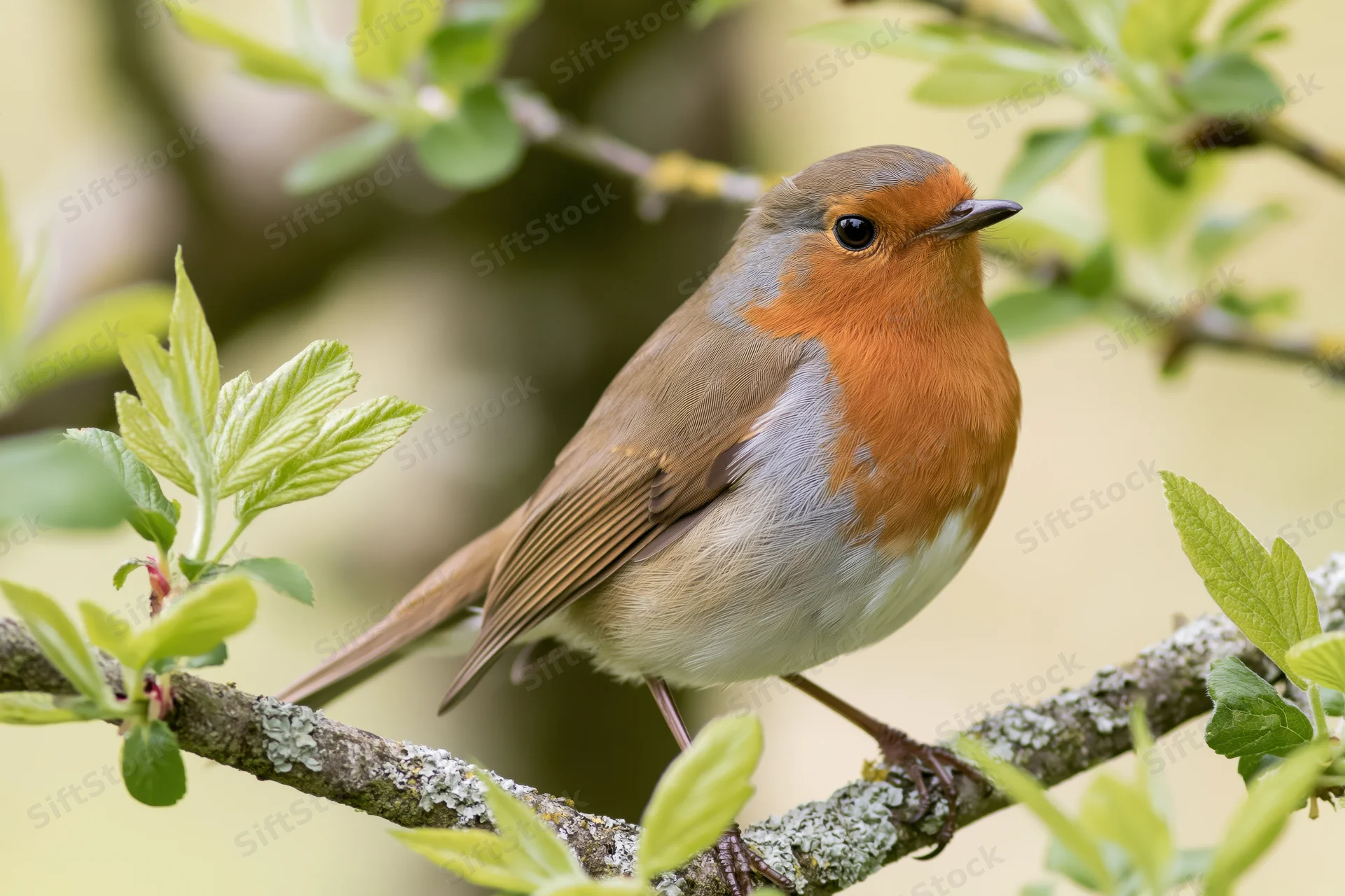 European robin perched alert on a lichen-covered branch surrounded by fresh green leaves