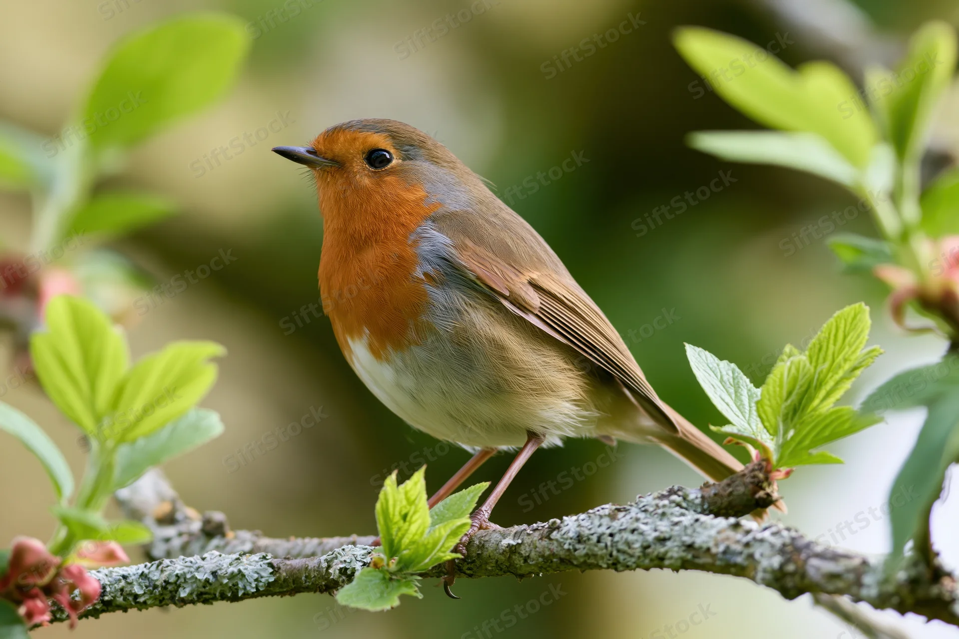 Robin perched alert on a lichen-covered branch among green leaves in springtime