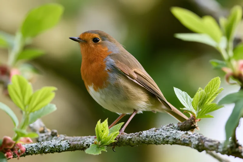 Robin perched alert on a lichen-covered branch among green leaves in springtime
