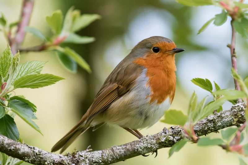 European robin perched alert on a lichen-covered branch surrounded by green foliage in a natural woodland setting