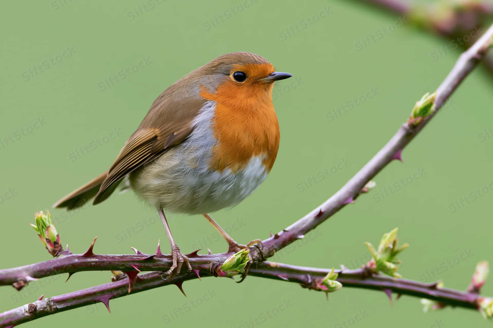 European robin perched alert on a thorny branch with fresh buds in spring