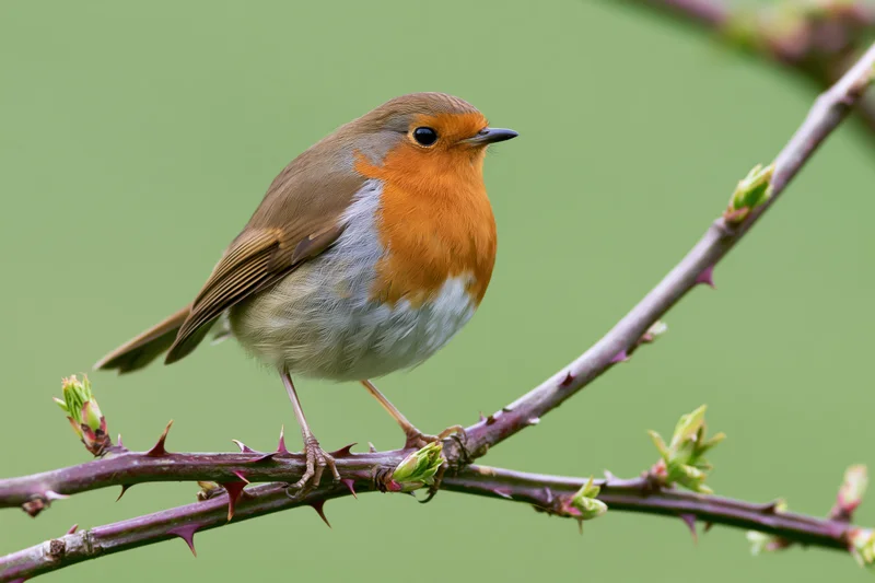 European robin perched alert on a thorny branch with fresh buds in spring