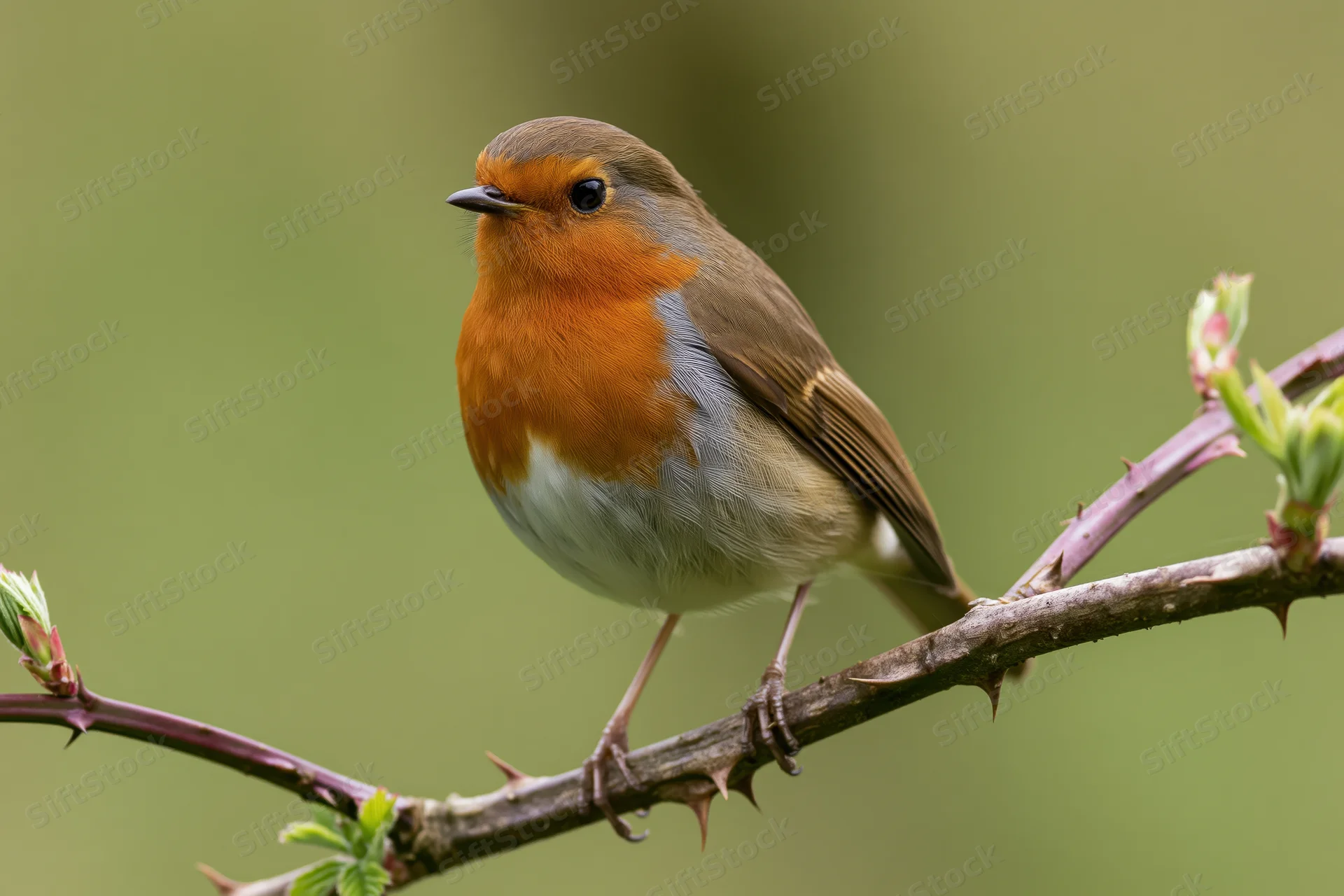 European robin perched alert on a thorny branch with fresh buds in spring garden