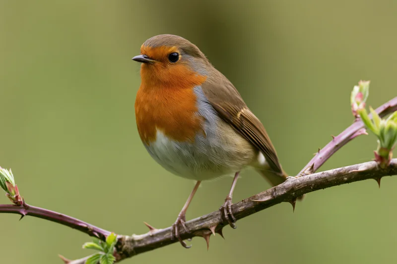 European robin perched alert on a thorny branch with fresh buds in spring garden