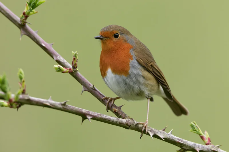 European robin perched alert on a thorny branch with fresh buds in spring garden