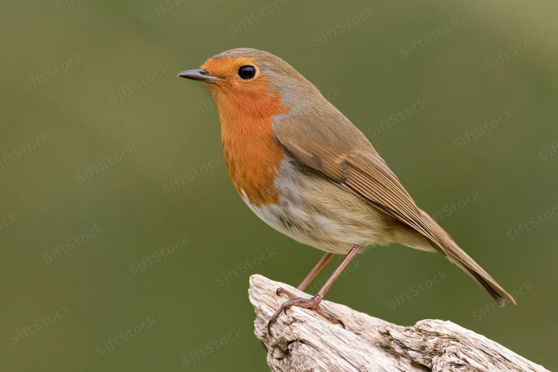 European robin perched alert on a weathered driftwood stump outdoors