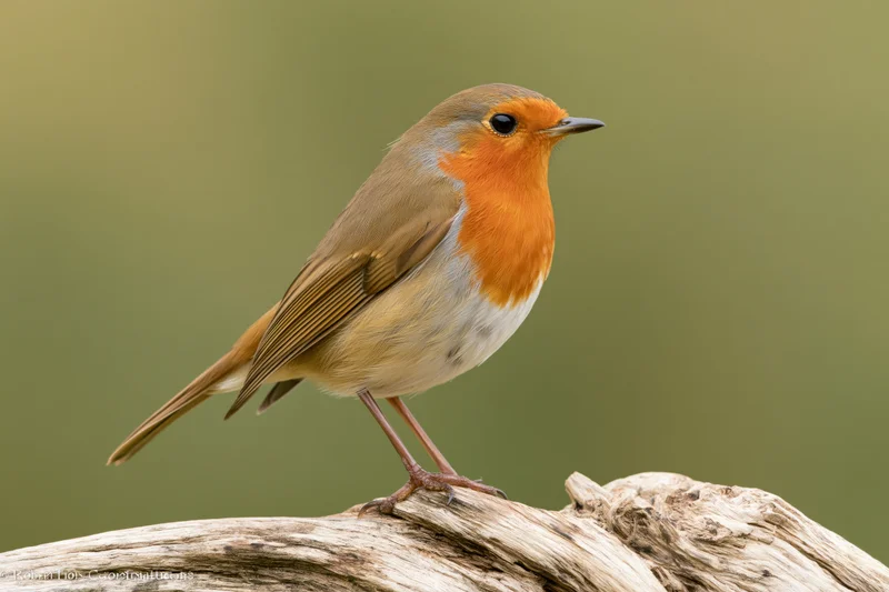 European robin perched alert on a weathered driftwood stump in a natural outdoor setting