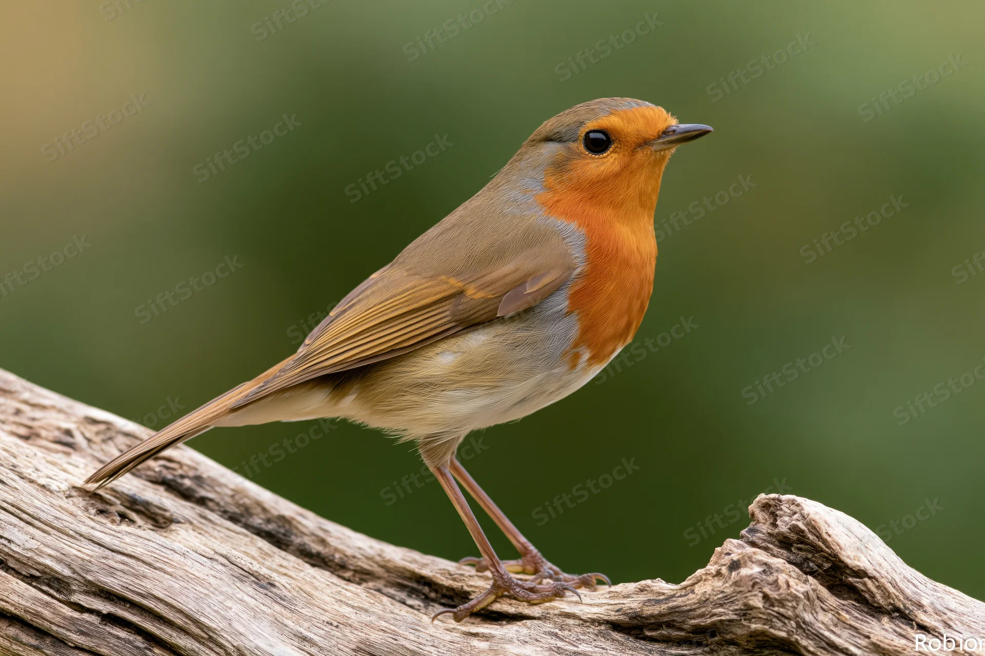 European robin perched alert on a weathered driftwood stump in natural outdoor setting