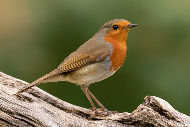 European robin perched alert on a weathered driftwood stump in natural outdoor setting