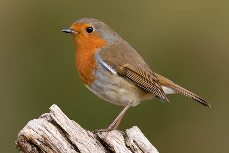 European robin perched alert on a weathered driftwood stump