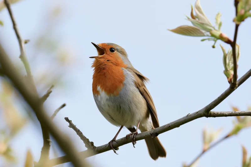 Robin singing perched on a branch in springtime outdoors